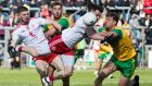 Tyrone’s Mattie Donnelly and Donegal’s Hugh McFadden in action during the Ulster semi-final at Kingspan Breffni Park.  Photograph: Evan Logan/Inpho