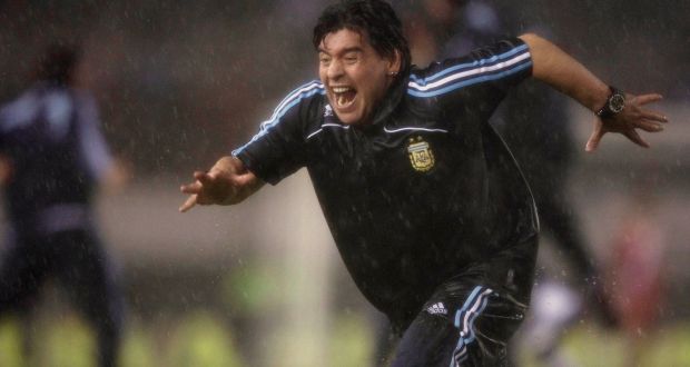 Diego Maradona, head coach of Argentina, celebrates his team’s second goal during their World Cup 2010 qualifying match against Peru in Buenos Aires on October 10th, 2009. Photograph: Marcos Brindicci/Reuters