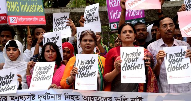 Activists protesting for  safe workplace for garments workers mark the sixth anniversary of the Rana Plaza building collapse, in Dhaka, Bangladesh, in April. Photograph: Mamunur Rashid/NurPhoto via Getty Images