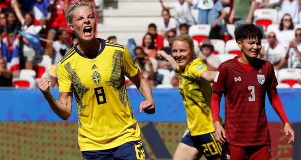 Sweden’s Lina Hurtig celebrates scoring their fourth goal in the Women’s Word Cup game against  Thailand at Stade de Nice. Photograph: Eric Gaillard/Reuters