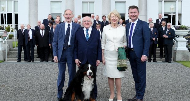  President Michael D Higgins, with one of his dogs, and his wife, Sabina,   with Pat  and  Michael English at the Presidential Concert, celebrating Irish country music in Áras an Uachtaráin. 