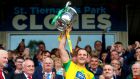 Donegal’s Michael Murphy lifts the Anglo Celtic Cup after their Ulster SFC Final victory over Cavan at  St Tiernach’s Park in  Clones. Photograph: Tommy Dickson/Inpho