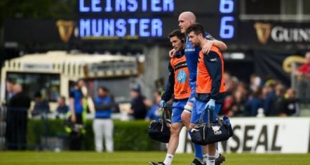 Leinster’s Devin Toner  after picking up a medial ligament  injury during the Guinness Pro14 semi-final  against  Munster at the RDS  on May 18th.  Photograph: Diarmuid Greene/Sportsfile via Getty Images