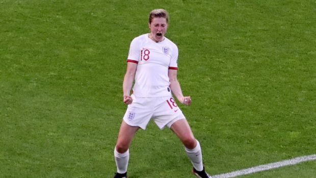 England’s Ellen White celebrates scoring their second goal during the Women’s World Cup quarter-final against Norway at Stade Oceane in Le Havre. Photograph: Yves Herman/Reuters