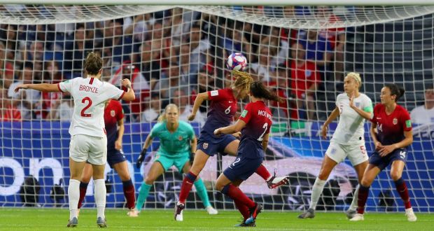 England full back  Lucy Bronze scores her team’s third goal during the  Women’s World Cup  quarter-final against  Norway  at Stade Oceane  in Le Havre. Photograph: Richard Heathcote/Getty Images