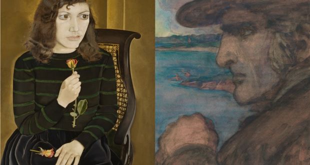 Girl with Roses by Lucian Freud  and Portrait Figure of an Irish Gentleman by Jack B Yeats. Photographs: British Council, London, UK / © The Lucian Freud Archive / Bridgeman Images; © Estate of Jack B. Yeats, DACS London / IVARO Dublin, 2019