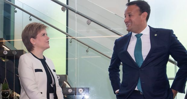 ‘We don’t accept that an uninhabitable island can have a 12-mile limit around it,’ said Leo Varadkar, above with Nicola Sturgeon. Photograph: Danny Lawson/PA Wire
