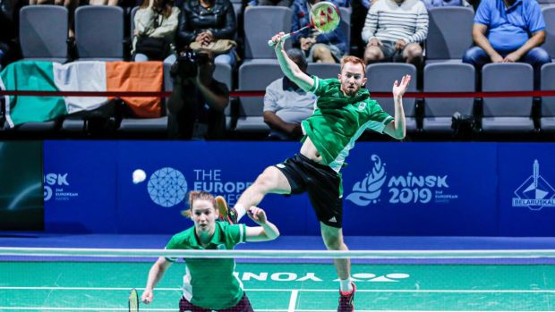 Ireland’s Sam Magee and Chloe Magee in action against Gabrielle Adcock and Chris Adcock of Britain during the semi-final of the badminton mixed doubles at the European Games in Minsk. Photograph: Frank Laracker/Inpho