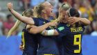 Sweden’s forward Stina Blackstenius is congratulated by team-mates after scoring her side’s second goal in the World Cup quarter-final against Germany at Roazhon Park in Rennes. Photograph:  Loic Venance/AFP/Getty Images
