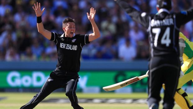 New Zealand’s Trent Boult celebrates his hat-trick against Australia in the World Cup match at Lord’s. Photograph: Mike Egerton/PA Wire