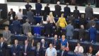  Brexit Party MEPs turn their backs during the European anthem ahead of the inaugural session at the European Parliament. Photograph: Frederick Florin/AFP/Getty Images 