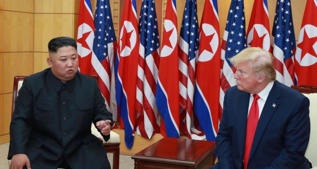 Picture released by KCNA on   June 30th   shows North Korea’s leader Kim Jong-un (L) and US president Donald Trump during a meeting on the south side of the military demarcation line. Photograph: KCNA/KNS/AFP 