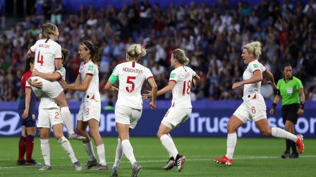 England celebrate Lucy Bronze’s goal against Norway. Photograph: Alex Grimm/Getty
