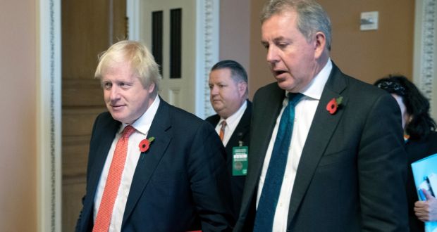  Boris Johnson, then foreign secretary, with Kim Darroch,  British ambassador to the US after a meeting on Capitol Hill in Washington in November 2017. According to media reports, US president Donald Trump has said he will no longer work with Darroch after emails in which the ambassador referred to the White House as a ‘uniquely dysfunctional environment’ were  leaked. Photograph: Michael Reynolds/EPA