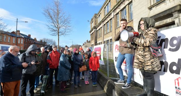 A  public rally at the Player Wills site last January called on the Government to issue a compulsory purchase order and utilise the site for public housing. Photograph: Alan Betson