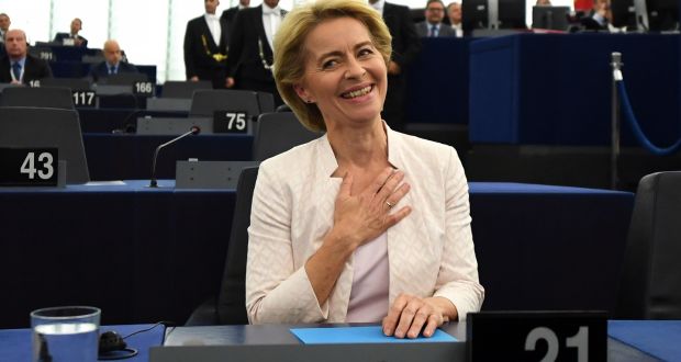 Ursula von der Leyen reacts after the European Parliament voted in favour of her as the new European Commission president. Photograph: Patrick Seeger/EPA