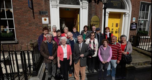 A group from the Irish Elderly Advice Network outside Cassidy’s Hotel in Parnell Square after arriving in Dublin for the Gathering in 2013.  Photograph: Brenda Fitzsimons /The Irish Times