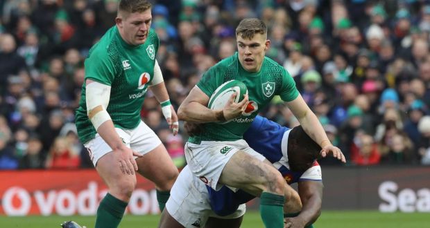 Ireland’s Tadgh Furlong and Garry Ringrose with France’s Demba Bamba  in their Six Nations clash  at the Aviva Stadium in March. The men’s international game now accounts for 81 per cent of all IRFU revenues. Photograph: Lorraine O’Sullivan/PA Wire
