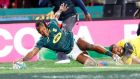  S’busiso Nkosi  of South Africa scores his try against Australia at Ellis Park. Photograph: EPA