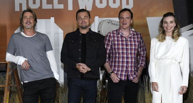 Brad Pitt, Leonardo DiCaprio, director Quentin Tarantino and Margot Robbie. Photograph:  Kevork Djansezian/Getty