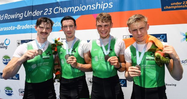 Ireland’s Miles Taylor, Ryan Ballantine, Hugh Sutton and Eoin Gaffney after winning bronze at the World  Under-23 Championships in Sarasota-Bradenton, Florida. Photograph: Detlev Seyb/Inpho