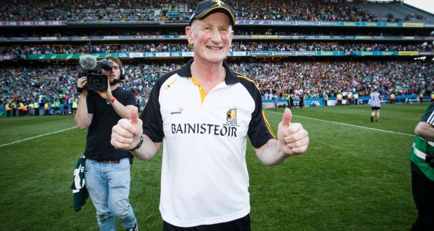 Kilkenny manager Brian Cody celebrates at the final whistle after his side defeated Limerick in the All-Ireland semi-final at  Croke Park. Photograph: Tommy Dickson