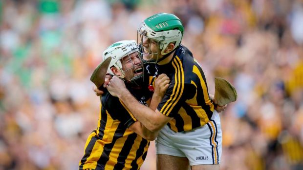 Kilkenny’s Pádraig Walsh and Paddy Deegan celebrate at the full-time whistle of their All-Ireland SHC semi-final against Limerick at Croke Park. Photograph: Oisín Keniry/Inpho