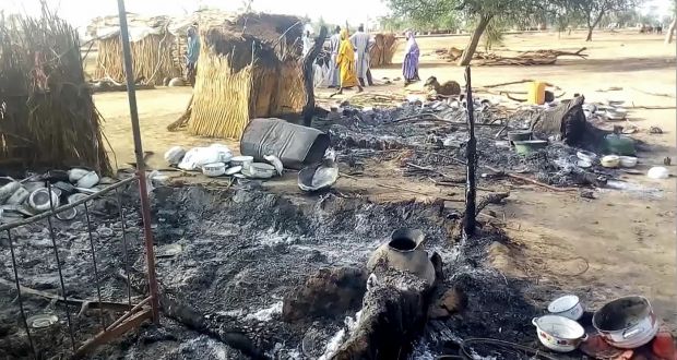 Ashes on the ground in Budu near Maiduguri an attack on a funeral in northeast Nigeria left 65 people dead. Photograph: Audu Marte/AFP/Getty Images