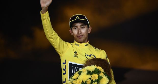 Colombia’s Egan Bernal celebrates winning the Tour de France, in Paris. Photograph: Anne-Christine Poujoulat/AFP/Getty Images