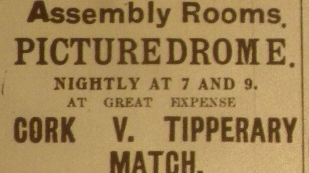 Advertisement for the film of the 1912 Munster hurling final between Cork and Tipperary, Evening Echo, 28 October 1912