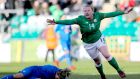 Ireland’s Amber Barrett scoring against Slovakia at Tallaght Stadium, Dublin, in a  World Cup qualifier in 2018. Photograph: Ryan Byrne/Inpho 
