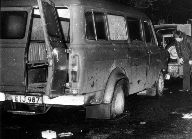 The bullet-riddled minibus in south Armagh where 10 protestant workmen were shot dead by IRA terrorists in January 1976; later known as the Kingsmill massacre. Photograph: PA Wire