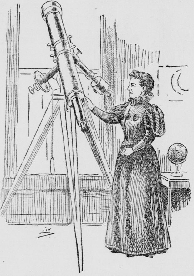 Drawing of a women using a telescope wearing 18th century attire 