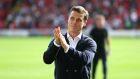 Fulham manager Scott Parker applauds the fans after the final whistle. Photograph: Richard Sellers/PA Wire. 