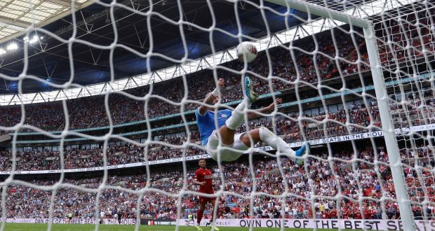 Manchester City’s English defender Kyle Walker clears off the line during the English FA Community Shield final. Photograph: Getty Images