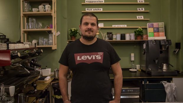 Muhammad Muosa, a 33-year-old from Syrian port city Latakia, and now works in Refugio cafe, Berlin. Photograph: Sally Hayden