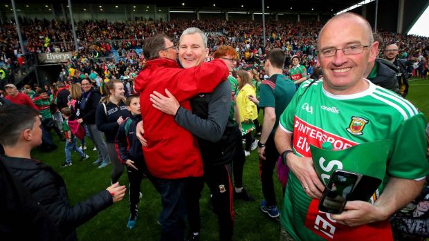 Mayo manager James Horan celebrates at the full time whistle following the victory over Donegal. Photograph: Ryan Byrne/Inpho