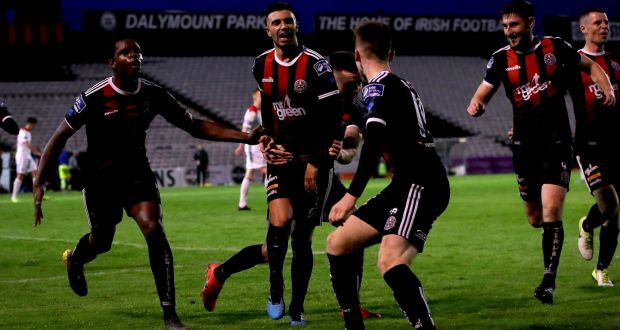 Danny Mandroiu celebrates scoring Bohemians’ winner in the FAI Cup first-round match against Shelbourne at Dalymount Park. Photograph: Ryan Byrne/Inpho