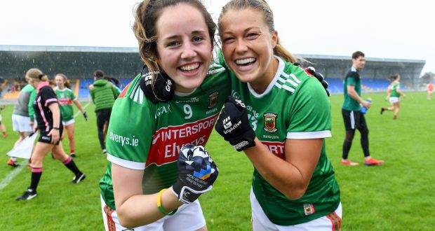 Mayo players Emma Needham and Sarah Rowe celebrate their win against Armagh. Photograph: Sportsfile