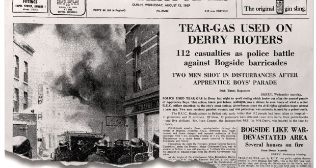 The front page of The Irish Times  of August 13th, 1969, reporting on the previous day’s events