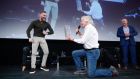 Sir Richard Branson, founder of the  Virgin Group with UFC Fighter Conor McGregor and MC Alan Shortt on the main stage of the Pendulum Summit in Dublin in  2018. Photograph: Conor McCabe Photography.