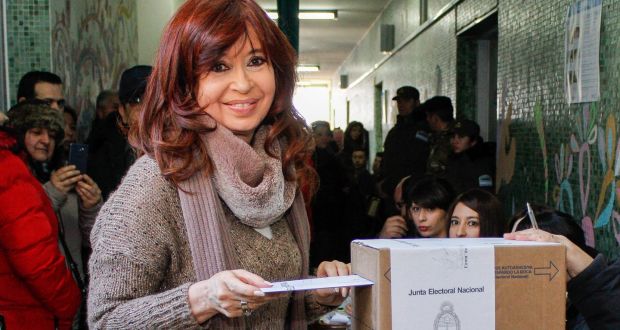 Argentina’s former president Cristina Fernández de Kirchner, currently a vice-presidential candidate, casting her vote in Rio Gallegos, Santa Cruz province on Sunday. Photograph: Walter Diaz/AFP/Getty Images