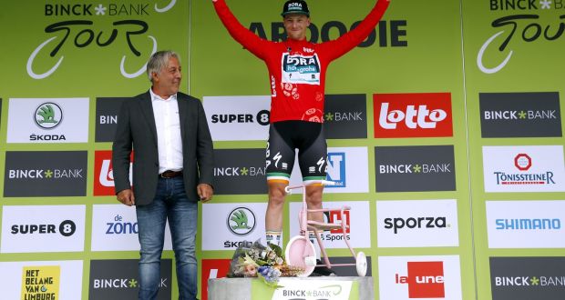 Sam Bennett of Ireland and Team Bora-Hansgrohe on the podium after winning stage two of the  Binck Bank Tour in Belgium. Photo: Bas Czerwinski/Getty Images