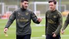 Sead Kolasinac and Mesut Ozil: Took part in training  and are available for selection for the home clash against Burnley. Photograph: Nigel French/PA Wire.