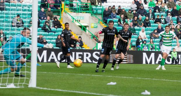  James Forrest scores the winning goal for Celtic in  extra-time of their Betfred Cup second-round match against Dunfermline at Celtic Park. Photograph: Jeff Holmes/PA Wire