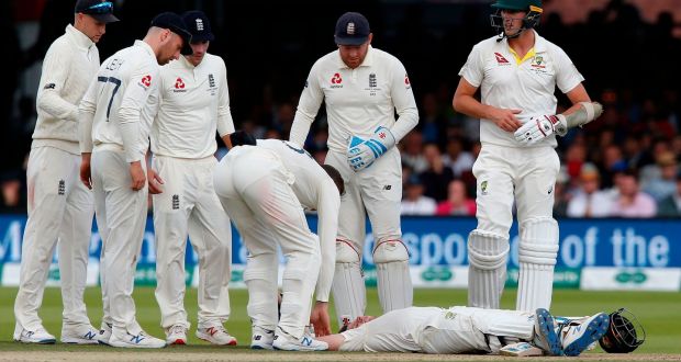  Australia’s Steve Smith lays on the pitch after being hit on the head by a delivery from England’s Jofra Archer during play the fourth day of the second Ashes Test match  at Lord’s. Photograph: Ian Kington/AFP/Getty Images