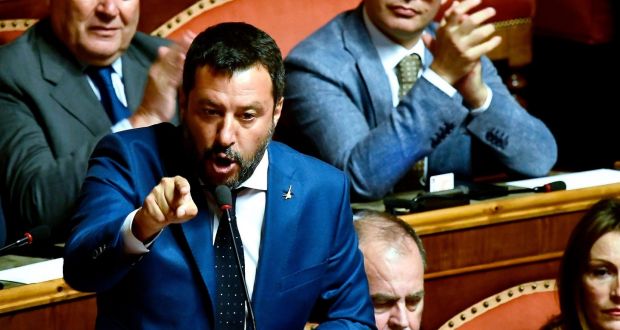 After failing to secure the dismissal of ministers opposed to his policies, Italian deputy prime minister Matteo Salvini  called for the winding up of his own government and early elections. Photograph: Filippo Monteforte/AFP/Getty Images