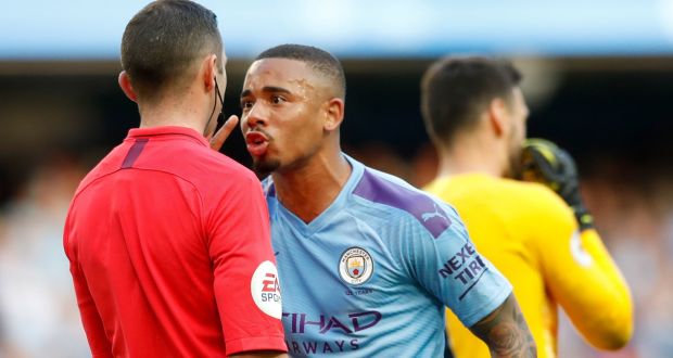Manchester City’s Gabriel Jesus appeals to the match referee Michael Oliver after his goal is ruled out by VAR. Photograph: PA