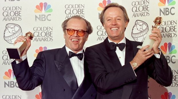 Jack Nicholson and Peter Fonda hold their Golden Globe awards for Best Actor at the 55th Annual Golden Globe Awards in Beverly Hills, 1998. Nicholson won his award in the Comedy or Musical category for his role in As Good As It Gets and Fonda for Ulee’s Gold. Photograph: Hal Garb/AFP/Getty Images