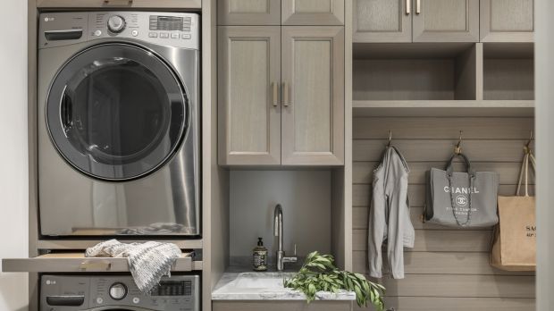 Clean Design Nine Ideas For A Home Laundry, Wire Grid Shelving Units Over The Washer Dryer
